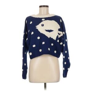 VTG RARE Saks Hand knit Cropped Sweater Fish Navy Sweater 100% Cotton M